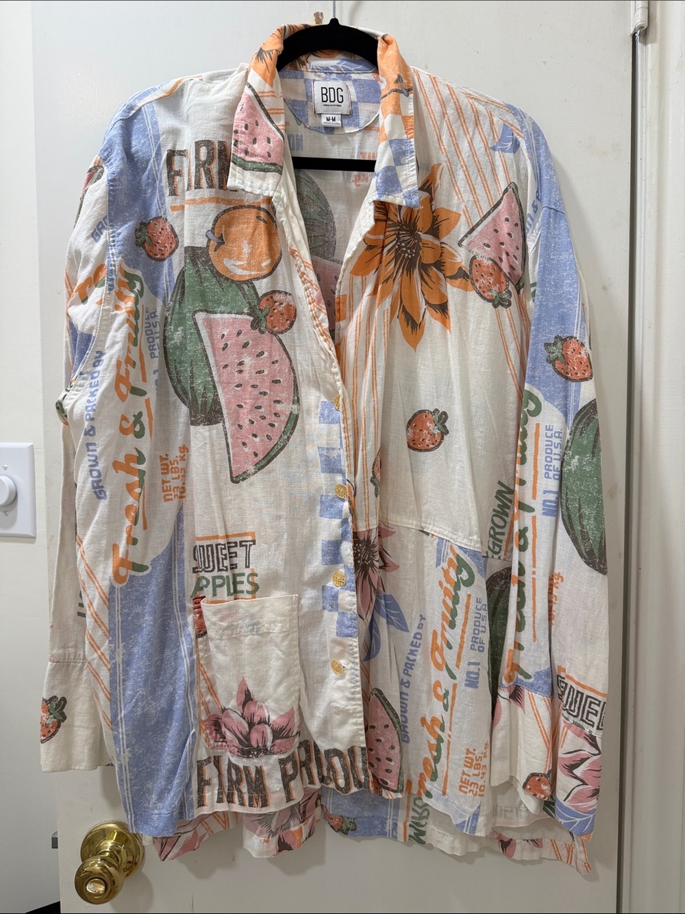 BDG Cream Button-Down Shirt with Fruit & Floral Print
